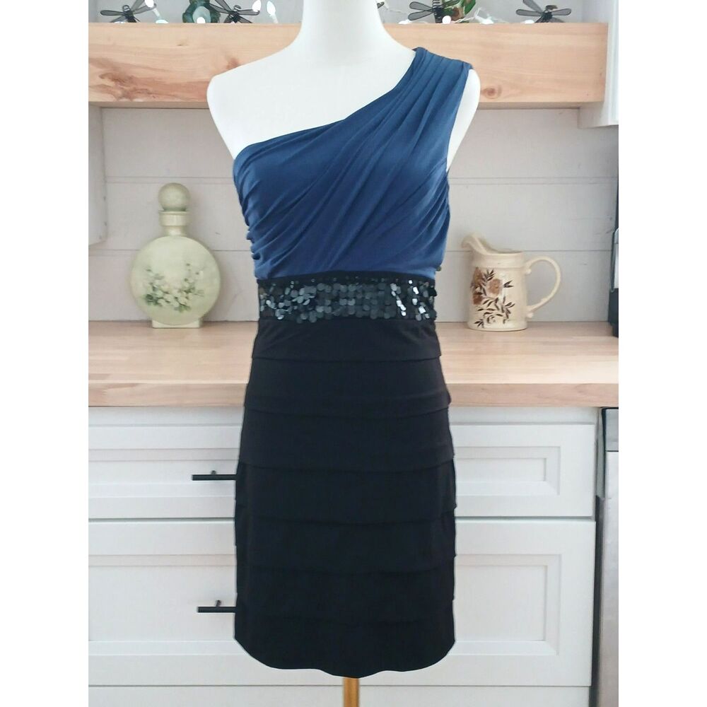 Studio Y Blue & Black Tiered Sequence Party Cocktail Off Shoulder Dress Sz Small